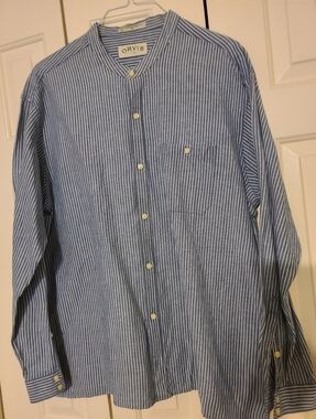 Orvis Blue and White Striped Band-Collar Shirt. Retirement Sale!